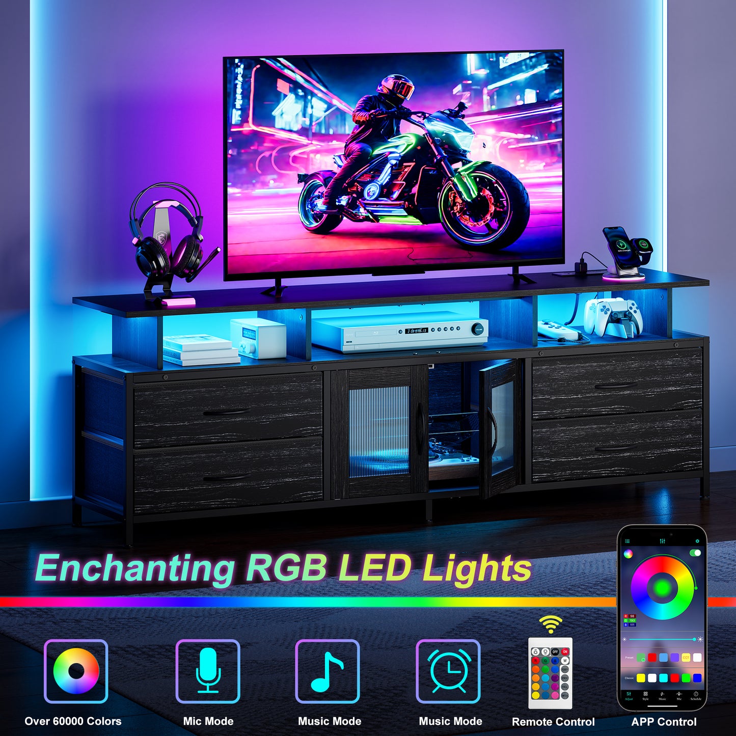 GUNAITO TV Stand for TV up to 75", Big TV Stand for Living Room Entertainment Center with LED Lights and Storage , Black oak