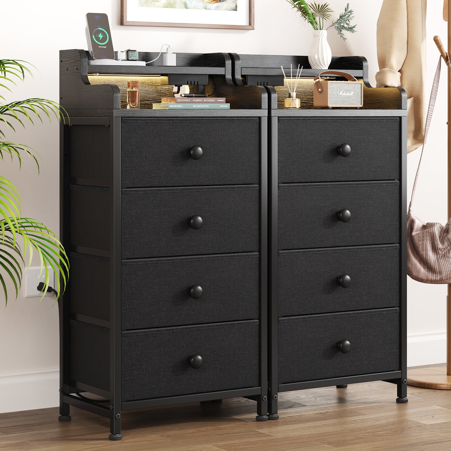 GUNAITO Dresser for Bedroom with Charging Station and LED Lights, 4 Drawers Dresser Black Chest of Drawers with Shelves, Tall Night Stand with Sturdy Steel Frame & Wood Top for Bedroom - Black Grey