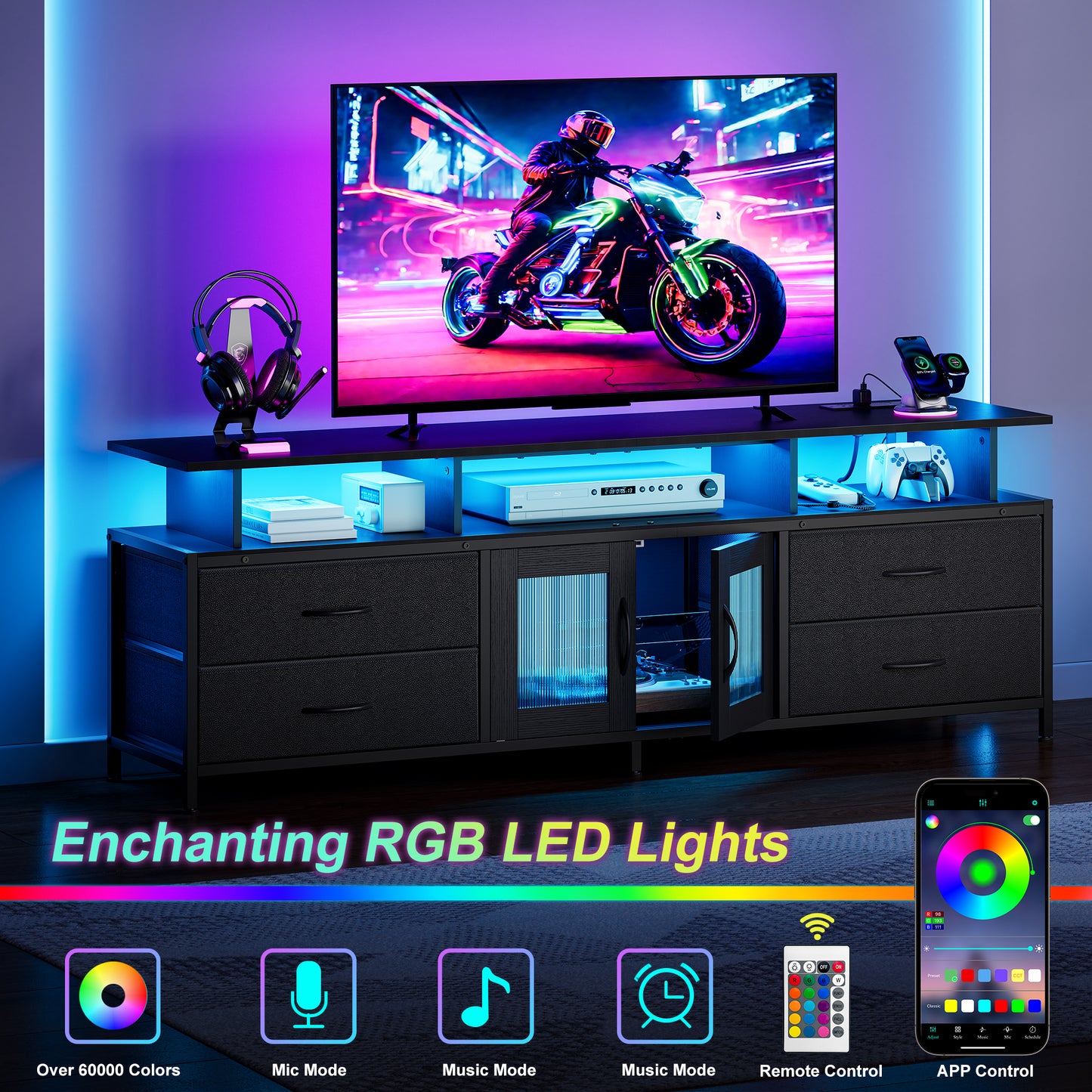 GUNAITO TV Stand for TV up to 75", Big TV Stand for Living Room Entertainment Center with LED Lights and Storage , Black