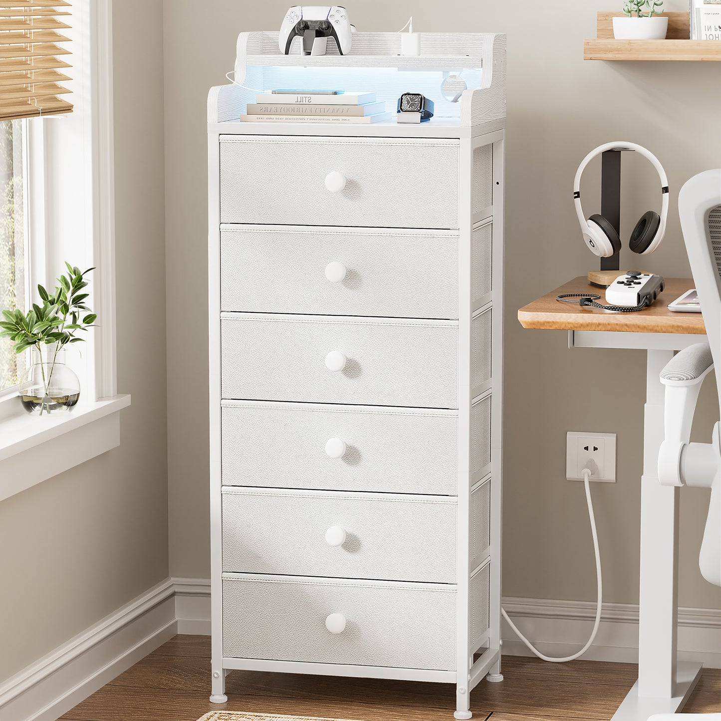 GUNAITO 6 Drawer Dresser for Bedroom with Charging Station and LED Lights, White Chest of Drawers with with Shelves, Tall Night Stand with Sturdy Steel Frame & Wood Top for Bedroom - Leather White
