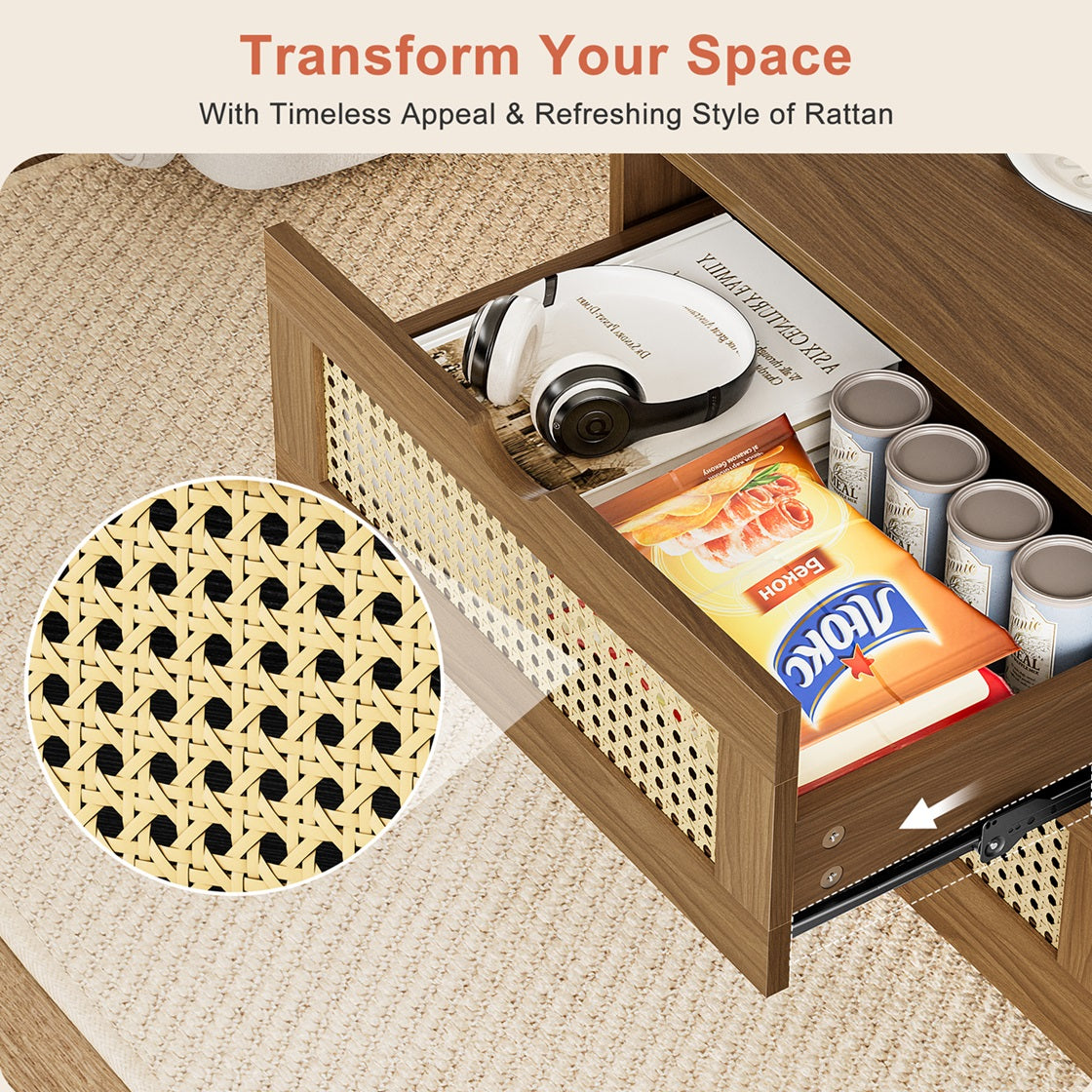GUNAITO Wooden Coffee Table with 4 Drawers, Weave Rattan Design for Living Room, 42''H in, light brown, Rectangle