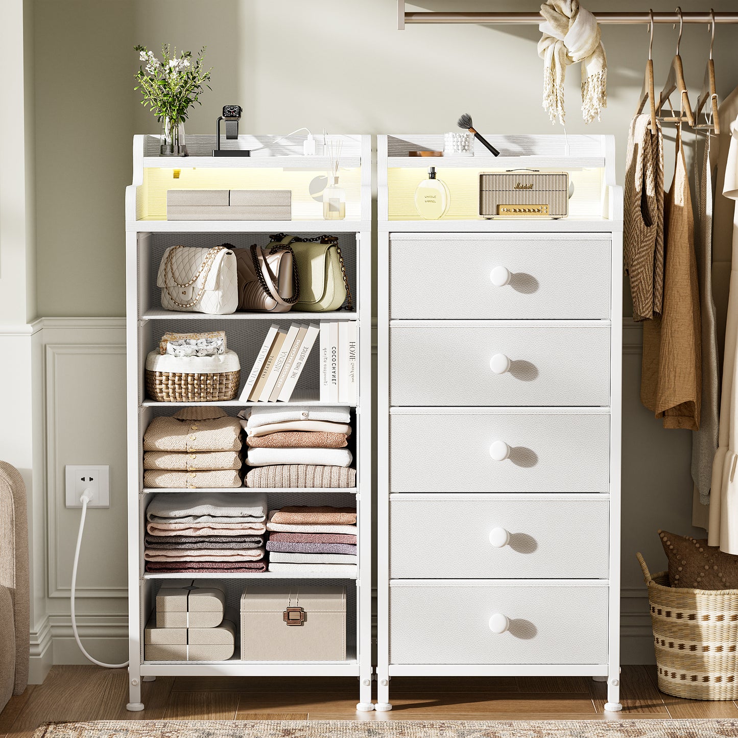 GUNAITO 5 Drawers for Bedroom with Charging Station, Bedside Table with LED Lights Strips, Modern End Table White GUNAITO 5 Drawers for Bedroom with Charging Station, Bedside Table with LED Lights Strips, Modern End Table White