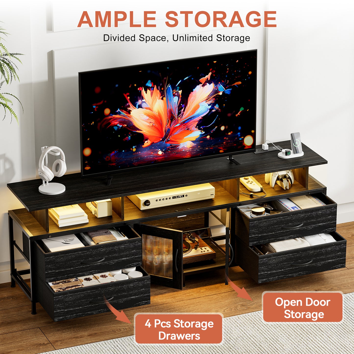 GUNAITO TV Stand for TV up to 75", Big TV Stand for Living Room Entertainment Center with LED Lights and Storage , Black oak