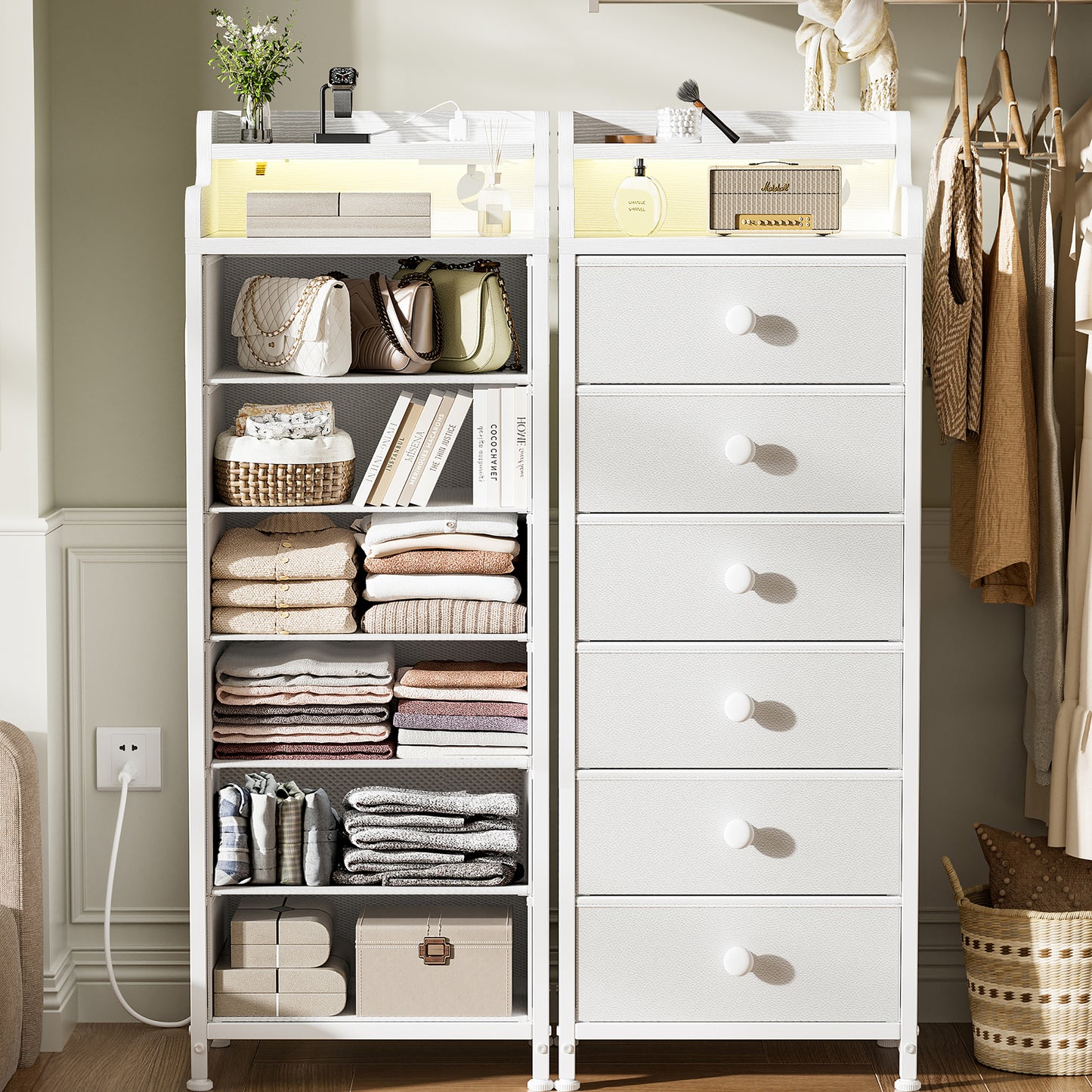 GUNAITO 6 Drawer Dresser for Bedroom with Charging Station and LED Lights, White Chest of Drawers with with Shelves, Tall Night Stand with Sturdy Steel Frame & Wood Top for Bedroom - Leather White