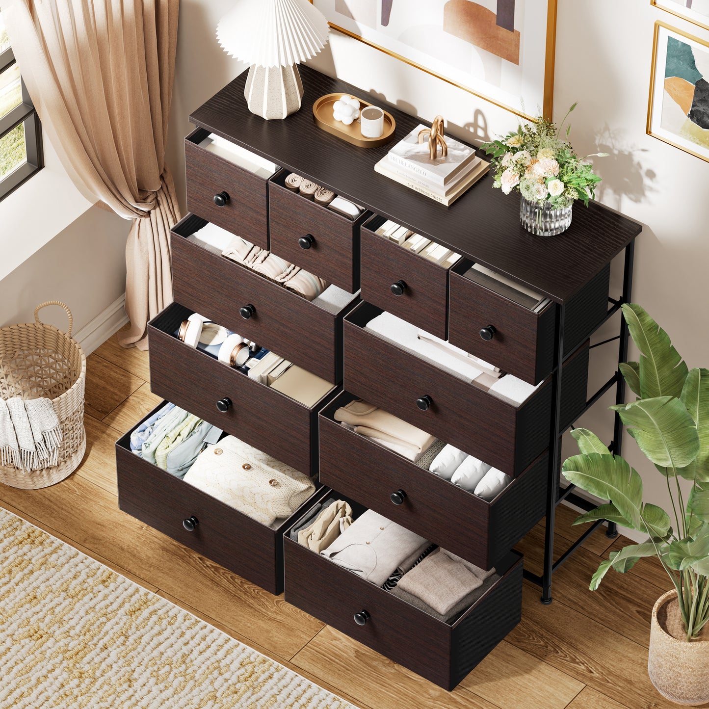 GUNAITO Dressers for Bedroom with 10 Drawer Fabric Chest of Drawers Storage Drawer Unit Tower Luxury Leather Finish Rustic Brown