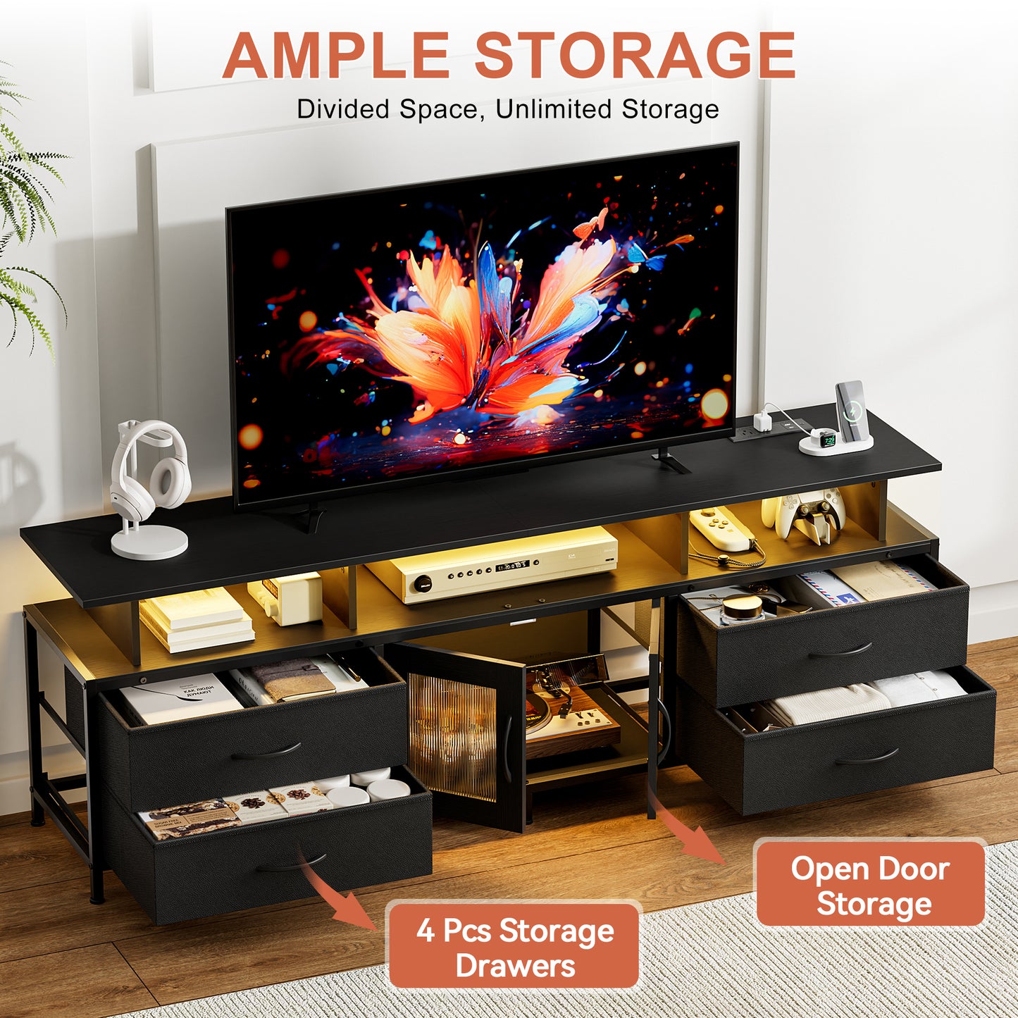 GUNAITO TV Stand for TV up to 75", Big TV Stand for Living Room Entertainment Center with LED Lights and Storage , Black