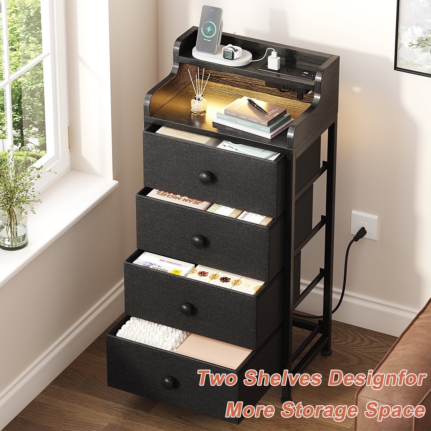 GUNAITO Dresser for Bedroom with Charging Station and LED Lights, 4 Drawers Dresser Black Chest of Drawers with Shelves, Tall Night Stand with Sturdy Steel Frame & Wood Top for Bedroom - Black Grey
