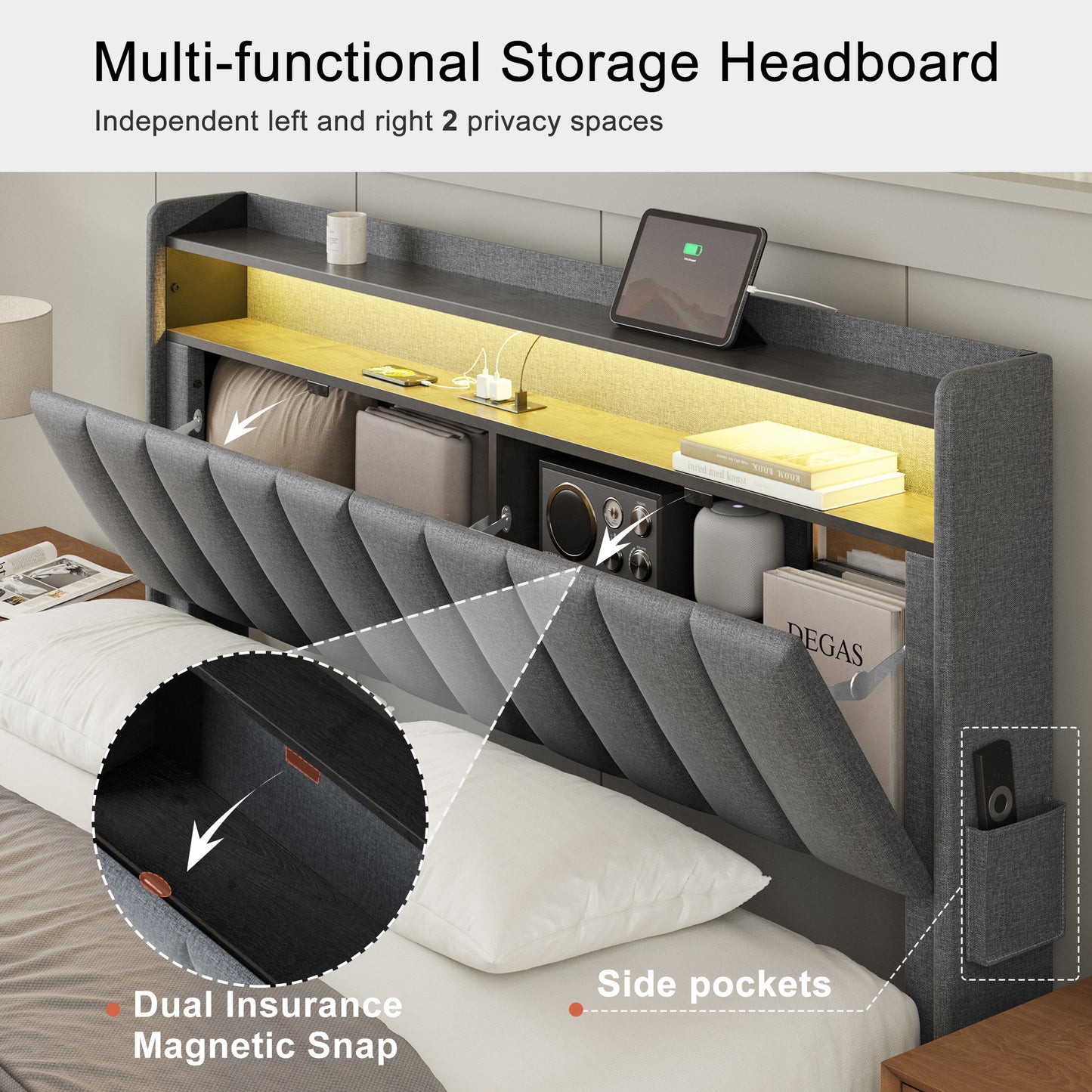 GUNAITO Queen Bed Frame with Storage Headboard Platform Bed Frame with LED Lights and USB Ports & Outlets Grey