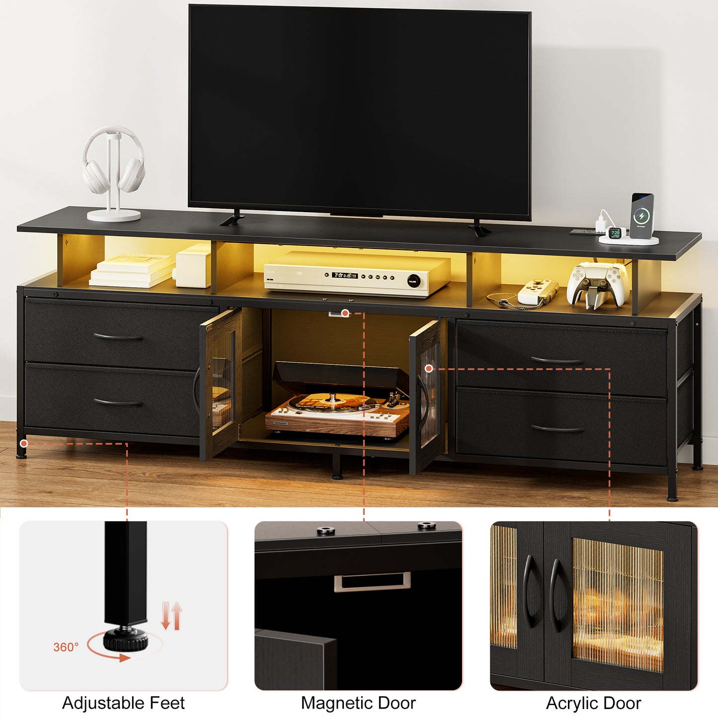 GUNAITO TV Stand for TV up to 75", Big TV Stand for Living Room Entertainment Center with LED Lights and Storage , Black