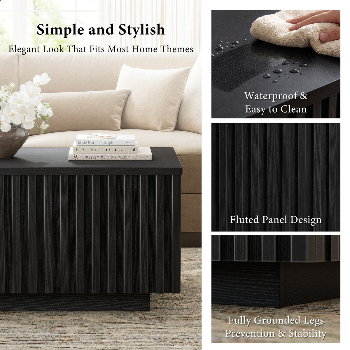 GUNAITO Lift Top Coffee Table with Big Storage, Fluted Rectangle Centre Table for Living Room, Wooden Coffee Table and modern Farmhouse, Black