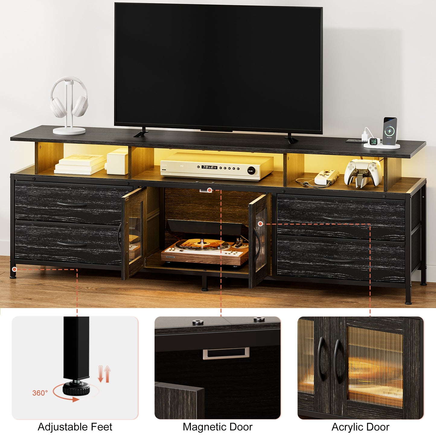GUNAITO TV Stand for TV up to 75", Big TV Stand for Living Room Entertainment Center with LED Lights and Storage , Black oak