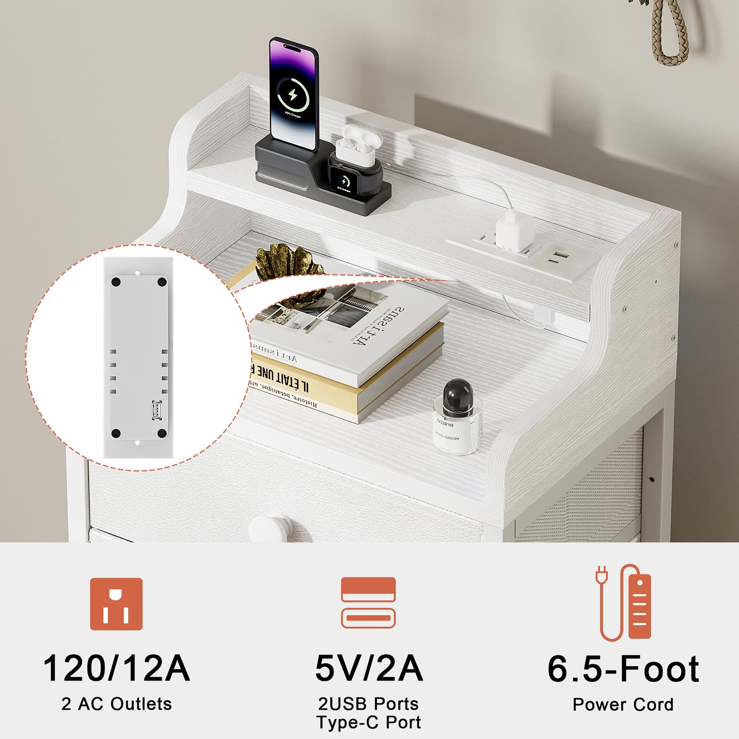 GUNAITO 6 Drawer Dresser for Bedroom with Charging Station and LED Lights, White Chest of Drawers with with Shelves, Tall Night Stand with Sturdy Steel Frame & Wood Top for Bedroom - Leather White