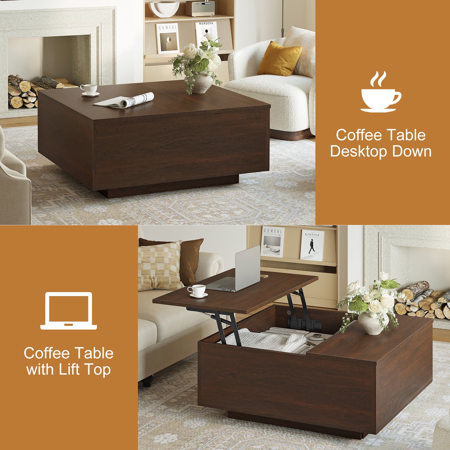 GUNAITO Lift Top Coffee Table with Storage, Square coffee table and modern Farmhouse Center Table for Living Room, Walnut