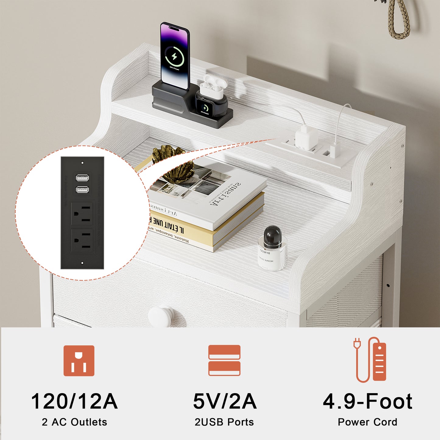 GUNAITO 5 Drawers for Bedroom with Charging Station, Bedside Table with LED Lights Strips, Modern End Table White GUNAITO 5 Drawers for Bedroom with Charging Station, Bedside Table with LED Lights Strips, Modern End Table White