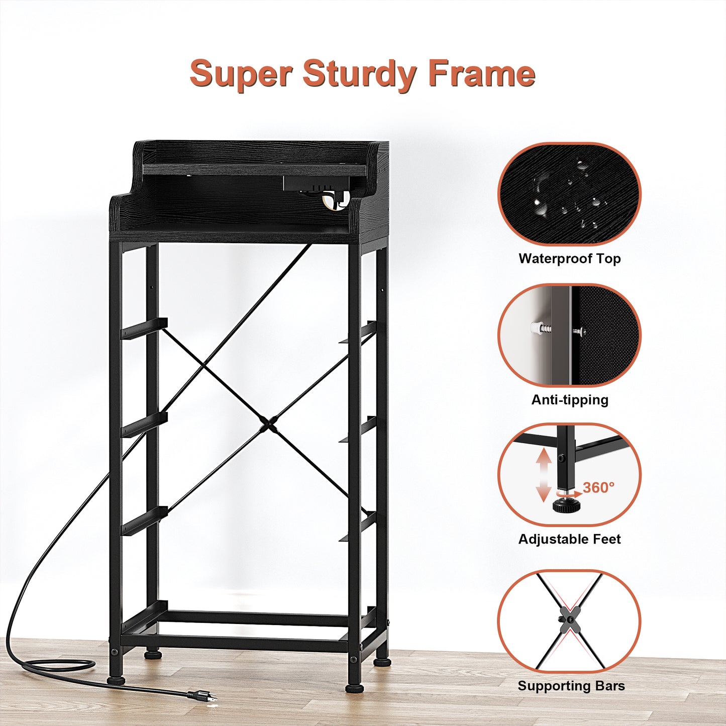 GUNAITO Dresser for Bedroom with Charging Station and LED Lights, 4 Drawers Dresser Black Chest of Drawers with Shelves, Tall Night Stand with Sturdy Steel Frame & Wood Top for Bedroom - Black Grey