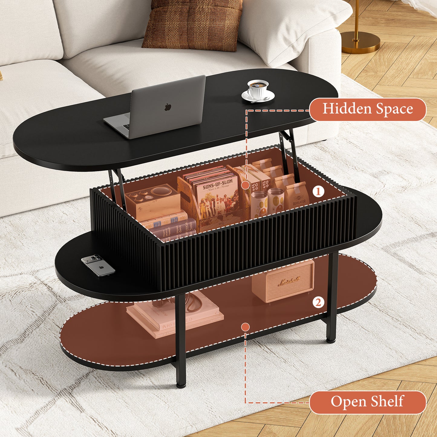 GUNAITO Lift Top Coffee Table with Storage, Modern Farmhouse Center Table with Shelf 2 Tier for Living Room, Black