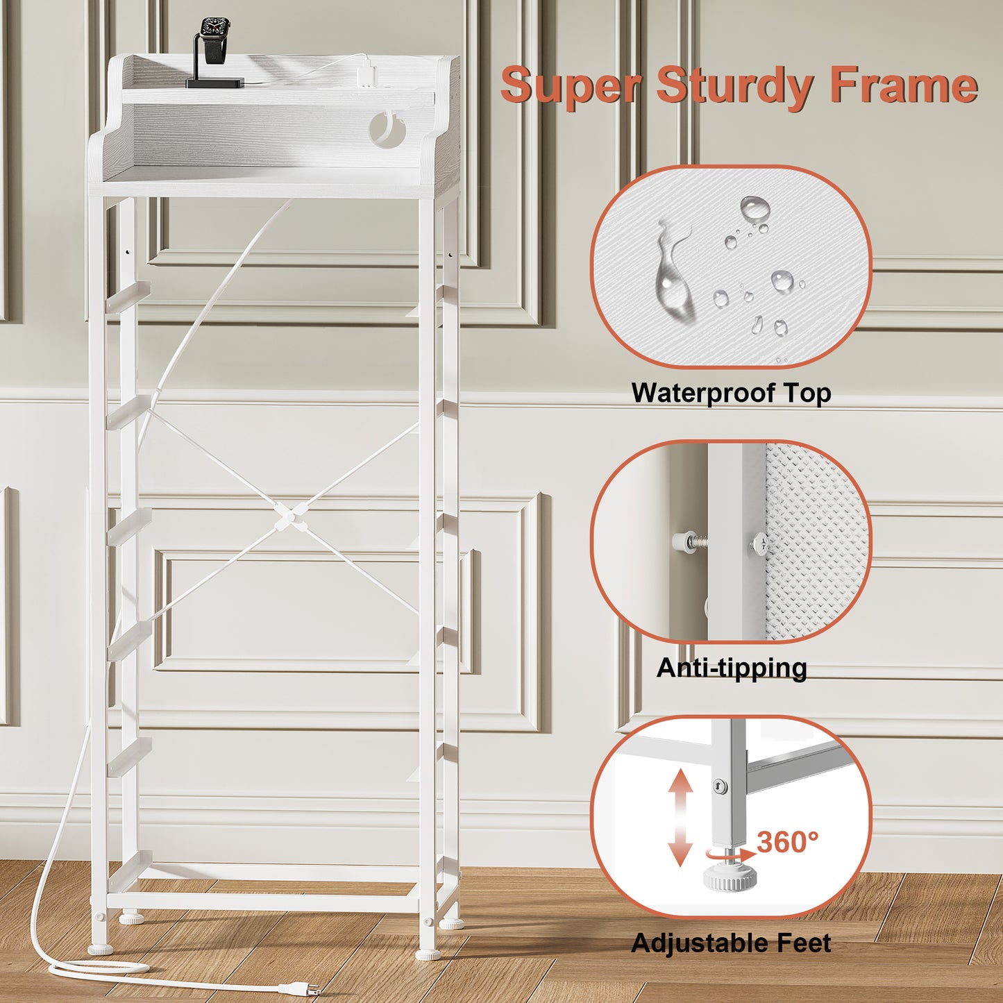 GUNAITO 6 Drawer Dresser for Bedroom with Charging Station and LED Lights, White Chest of Drawers with with Shelves, Tall Night Stand with Sturdy Steel Frame & Wood Top for Bedroom - Leather White