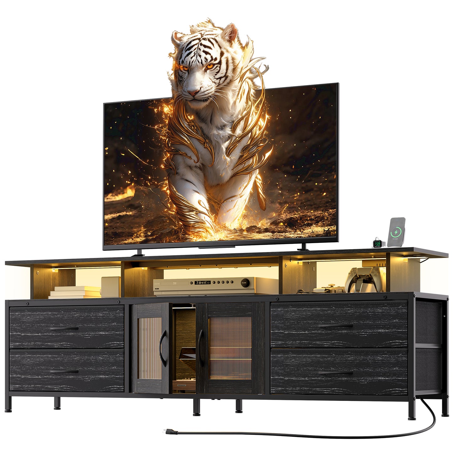 GUNAITO TV Stand for TV up to 75", Big TV Stand for Living Room Entertainment Center with LED Lights and Storage , Black oak