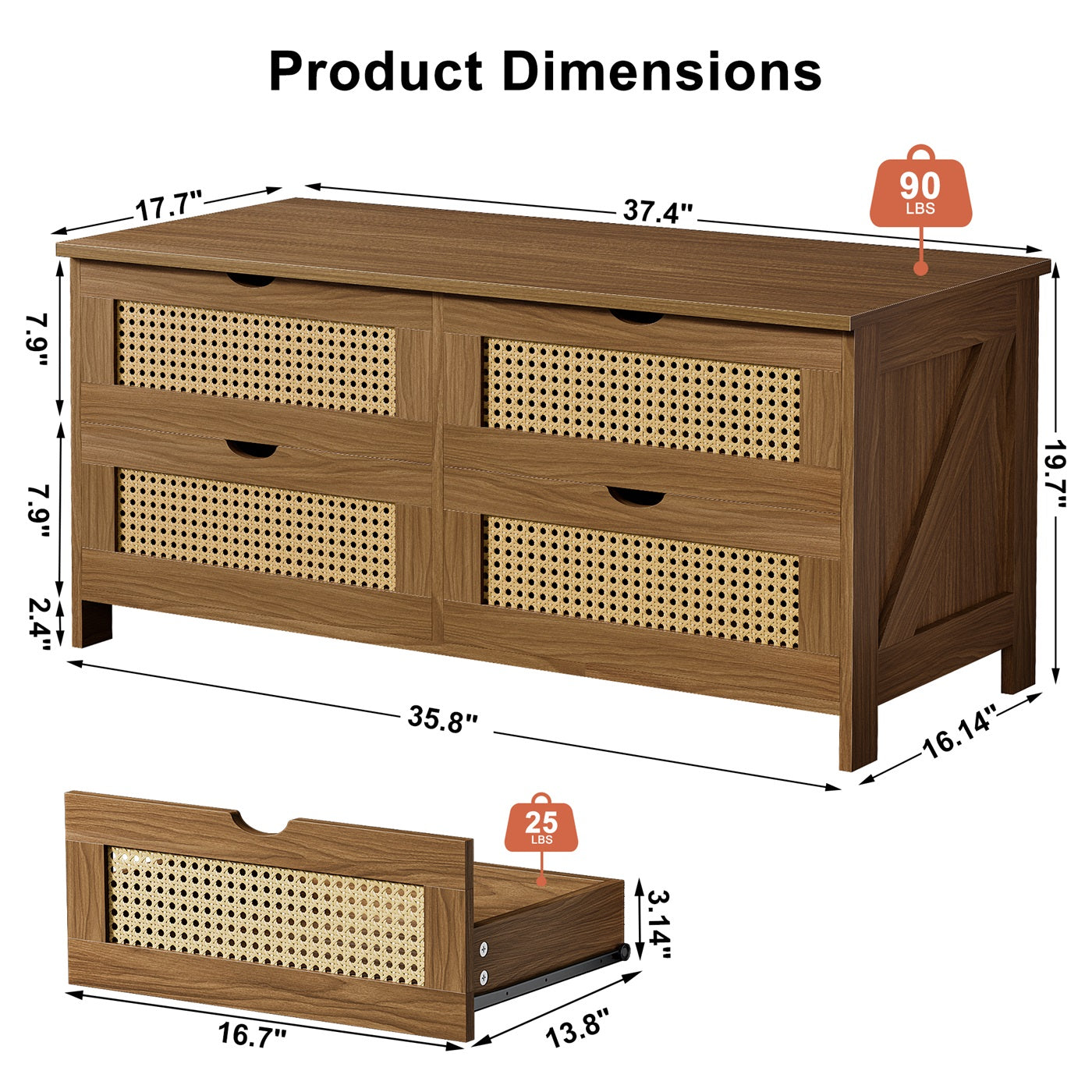GUNAITO Wooden Coffee Table with 4 Drawers, Weave Rattan Design for Living Room, 42''H in, light brown, Rectangle