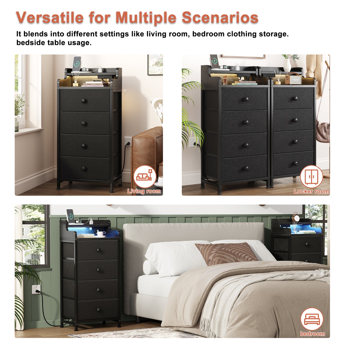 GUNAITO Dresser for Bedroom with Charging Station and LED Lights, 4 Drawers Dresser Black Chest of Drawers with Shelves, Tall Night Stand with Sturdy Steel Frame & Wood Top for Bedroom - Black Grey