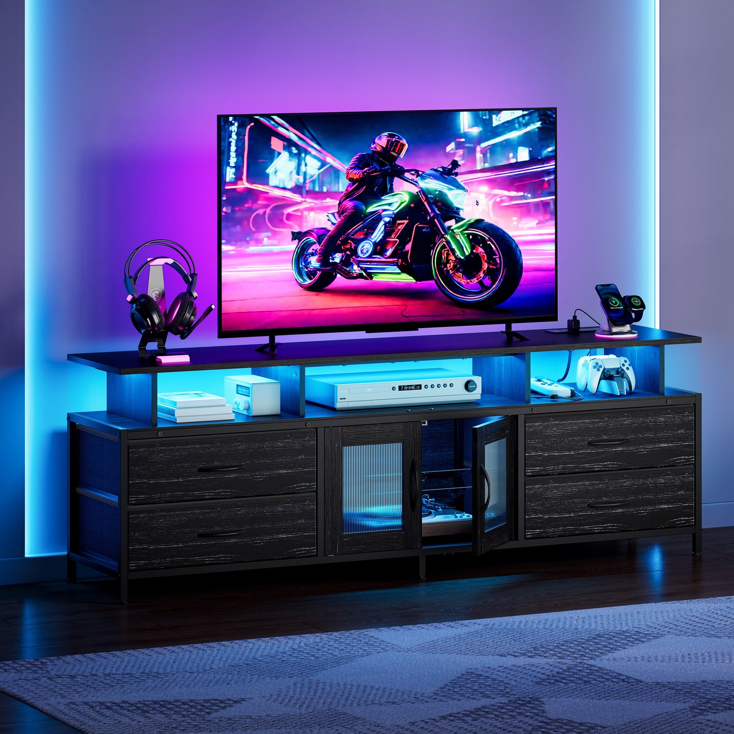 GUNAITO TV Stand for TV up to 75", Big TV Stand for Living Room Entertainment Center with LED Lights and Storage , Black oak