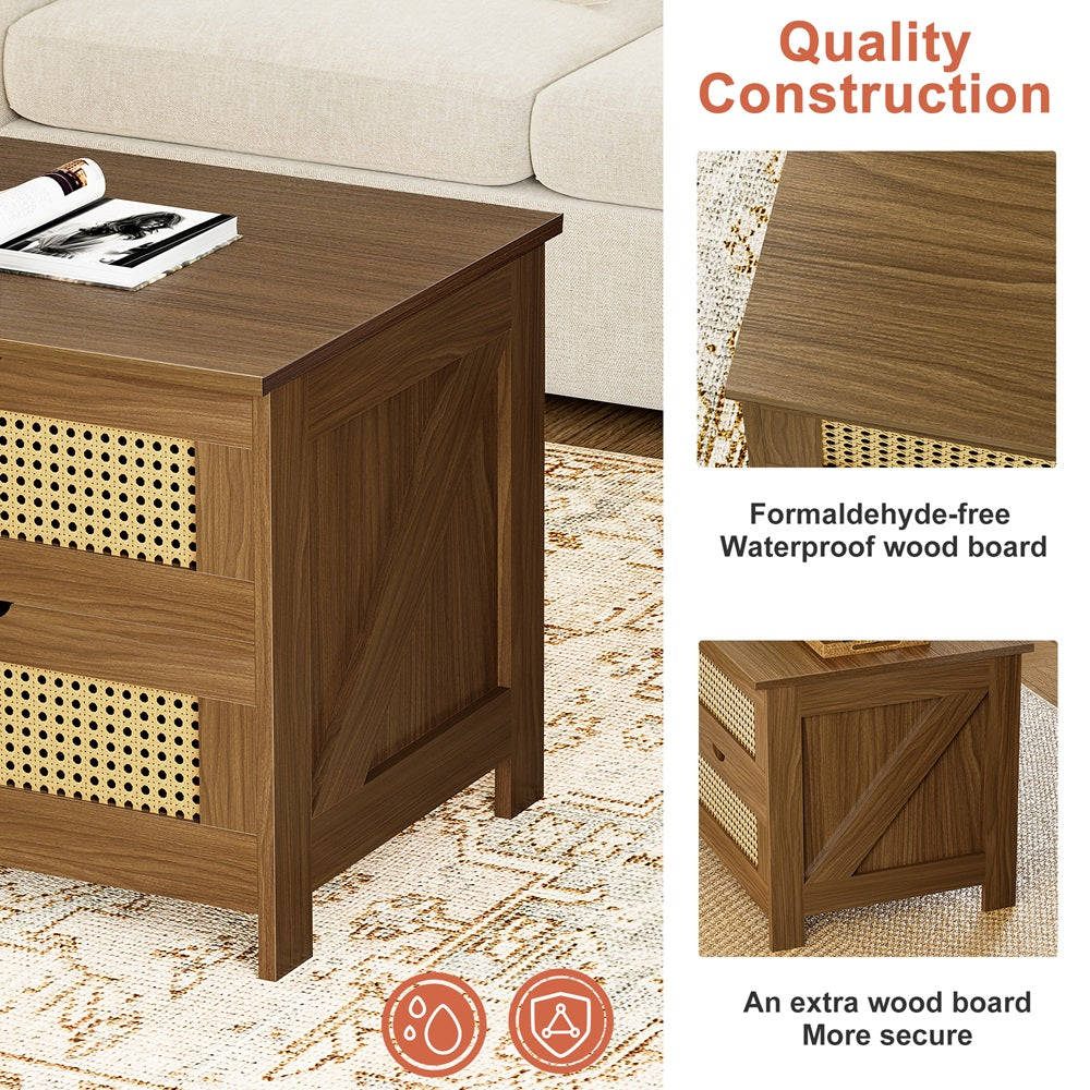 GUNAITO Wooden Coffee Table with 4 Drawers, Weave Rattan Design for Living Room, 42''H in, light brown, Rectangle