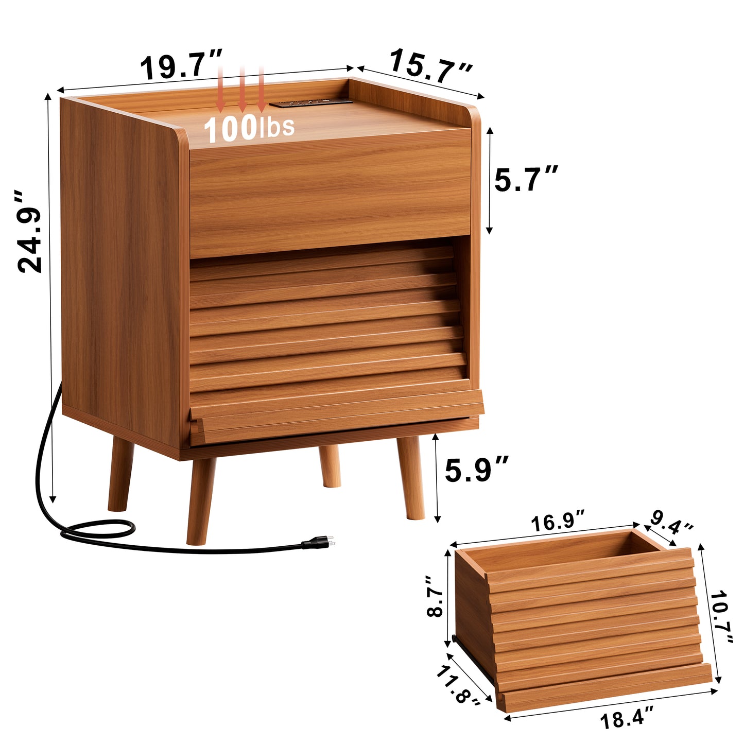 GUNAITO Nightstand set of 2 with Charging Station Bedside Table with LED Light Wood Nightstand with Wave Texture Drawers End Table with USB Ports and Outlets for Small Space Caramel 2pcs
