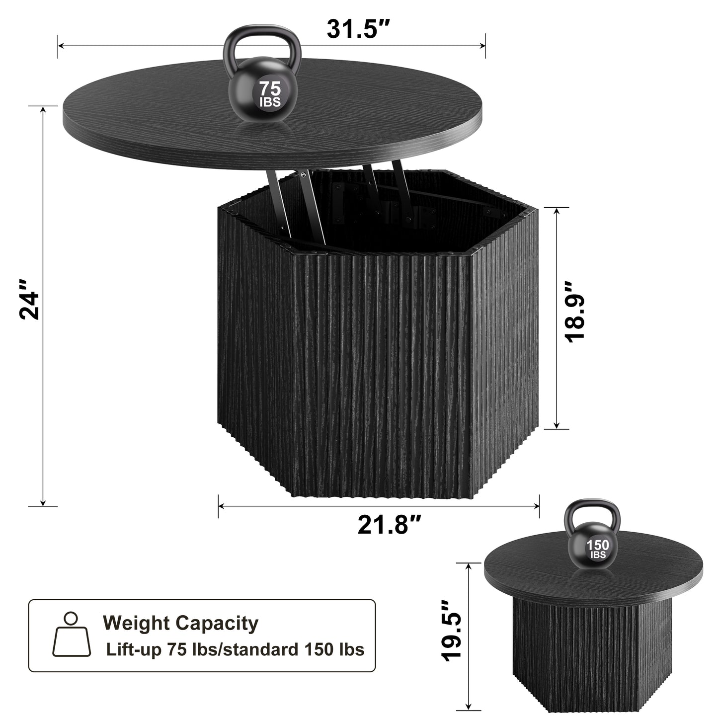 GUNAITO Round Lift Top Coffee Table with Storage, Modern Farmhouse Center Table for Living Room, Black