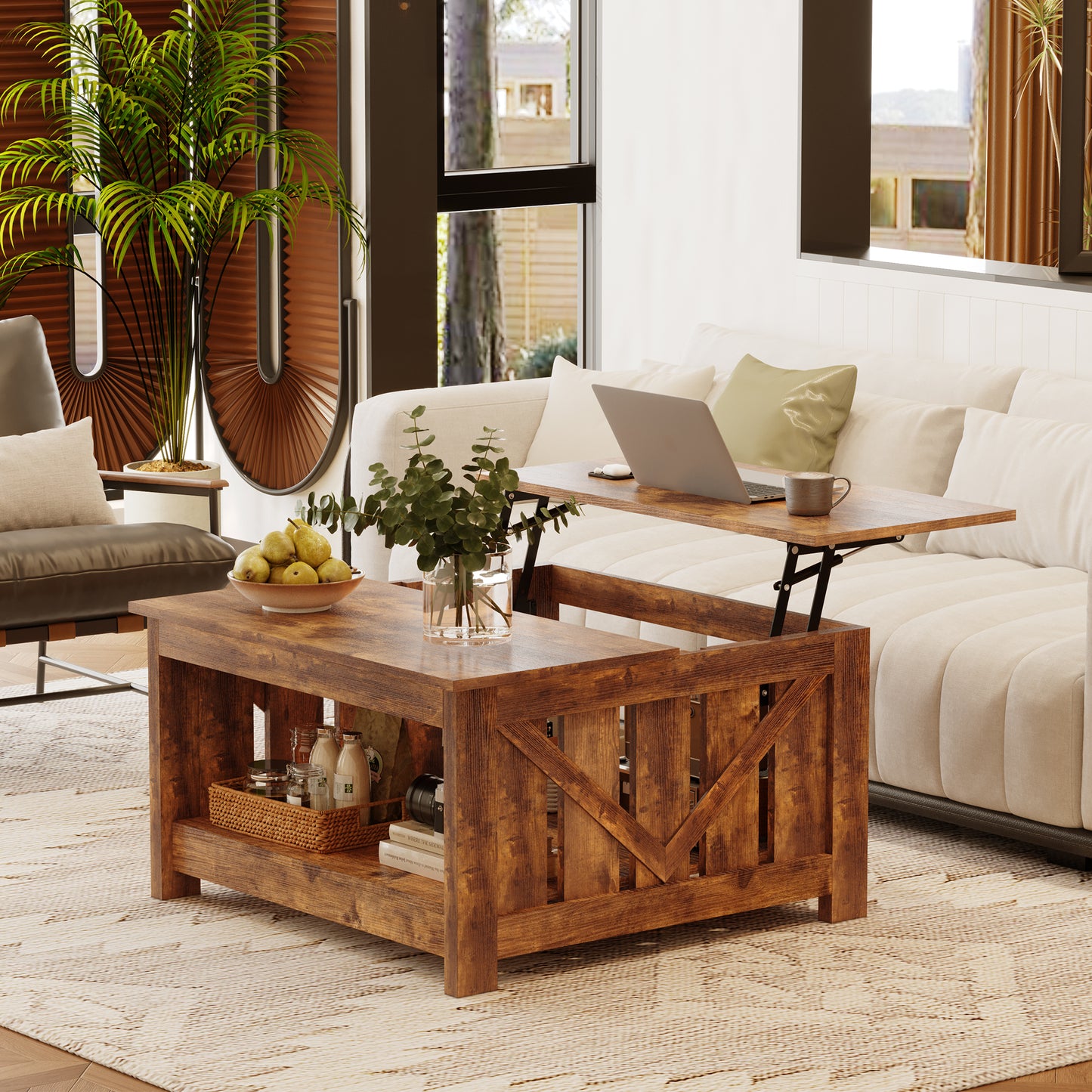 GUNAITO Lift Top Coffee Table with Storage Cabinet and 2 Compartments for Living Room, brown, 31.5''Hx31.5''W in