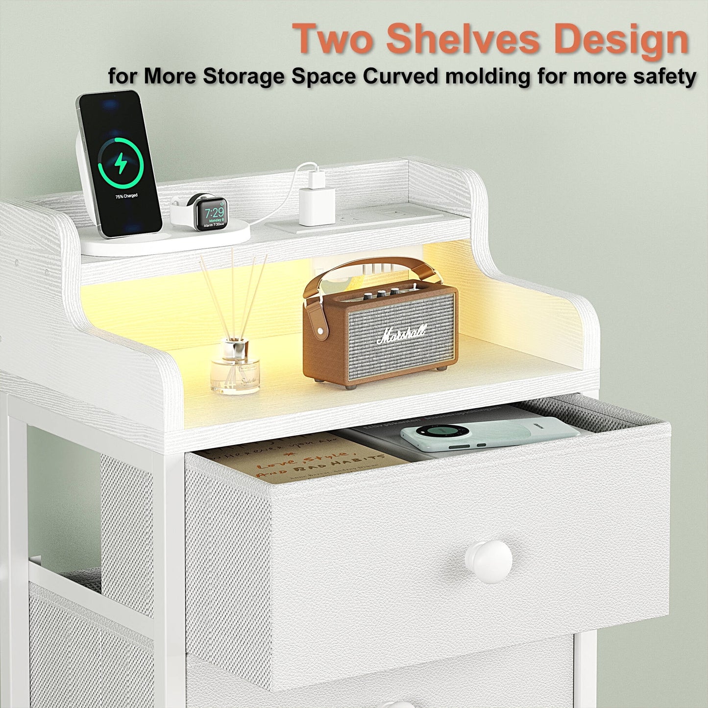 GUNAITO Led Nightstand with Charging Station Bedside Table with 4 Drawers End Table with Open Shelf Bedside Table with USB Ports and Outlets Nightstand for Bedroom£¬Brown