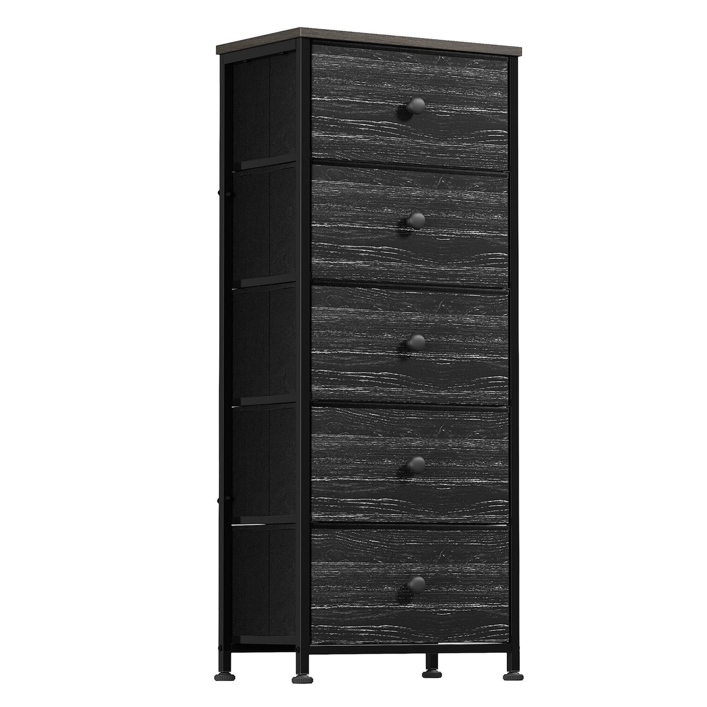 GUNAITO 5 Drawer Dresser for Bedroom Tall Narrow Chest of Drawers Fabric Storage Dresser for Adults,Black wood grain