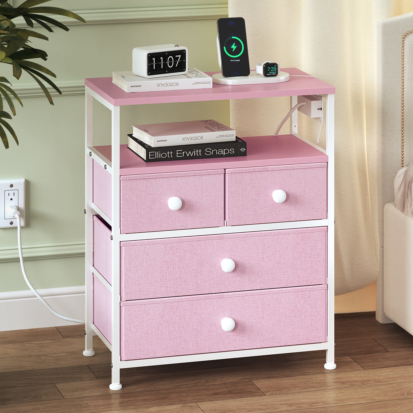 GUNAITO Nightstand with 4 Drawers Bedside Table with Charging Station and Led Lights End Table with Storage Shelf for Living Room Pink