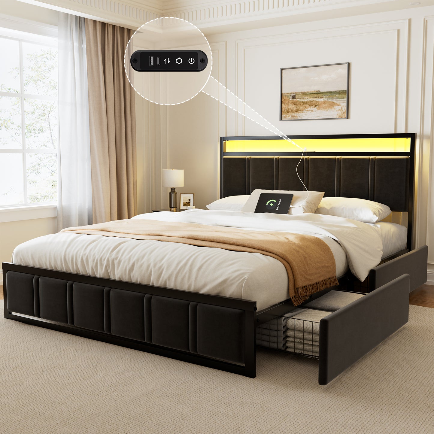 GUNAITO Queen Bed Frame with Headboard, Platform Bed with 2 Drawers, Velvet Upholstered Bed Frame with LED Lights & Charging station,Black