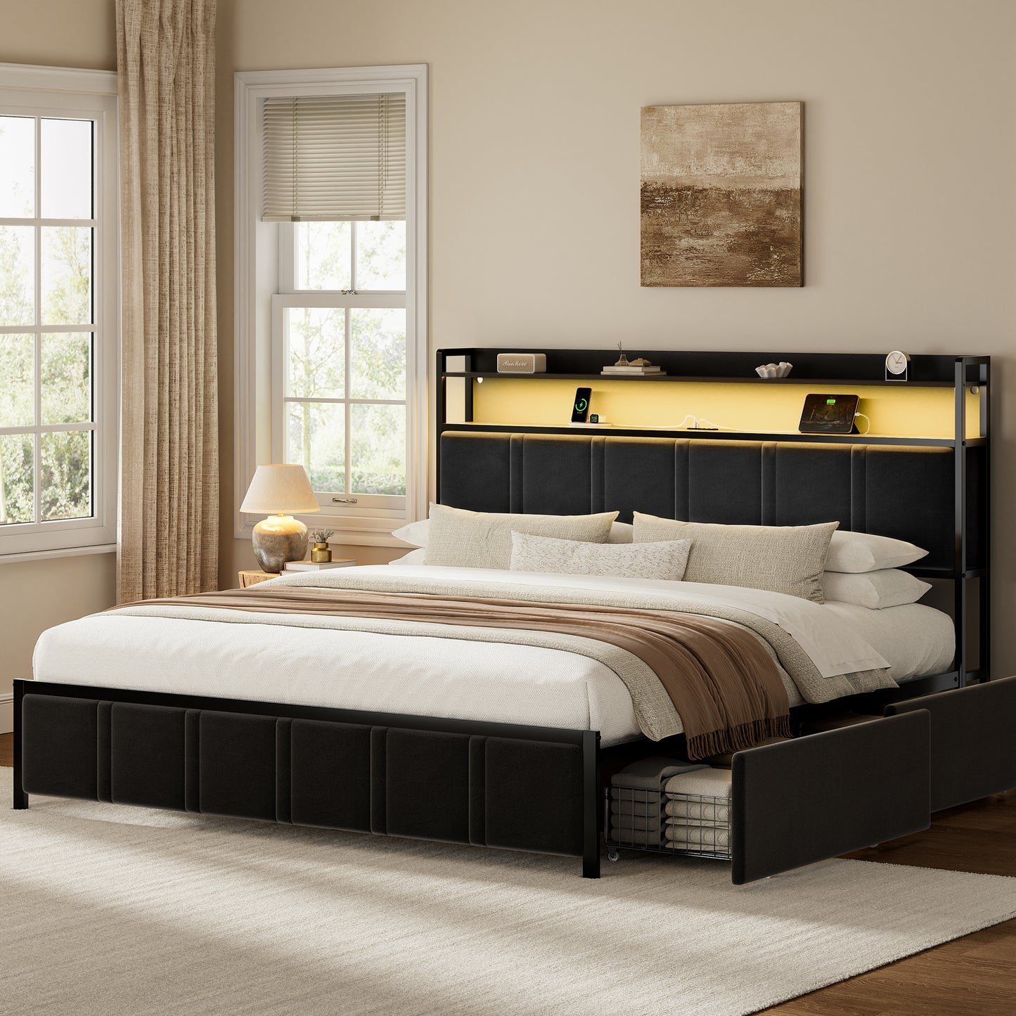GUNAITO King Bed Frame with Storage Headboard, 2 Drawers Platform Upholstered LED Bed Frame with USB Ports & Outlets Black