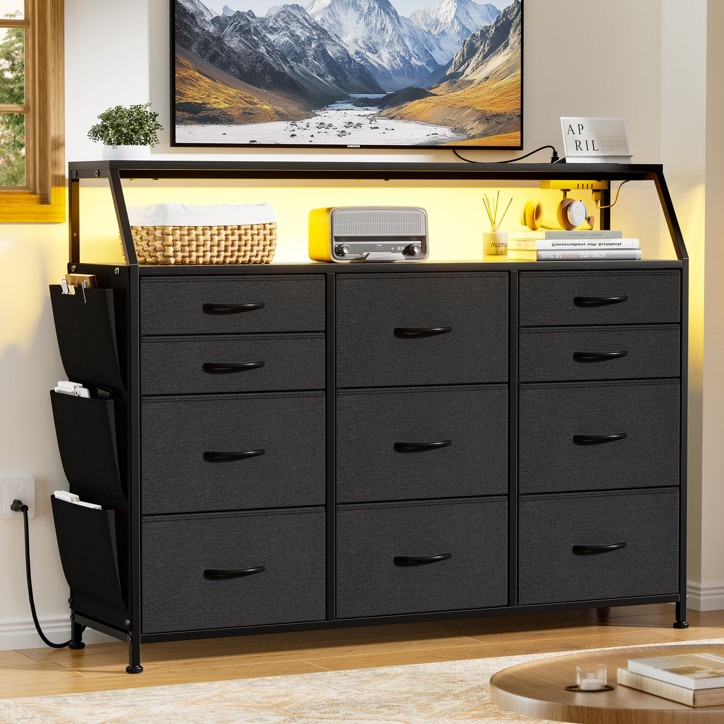 GUNAITO Dresser for Bedroom Black Fabric Dresser with 11 Drawers Long Dressers & Chests of Drawers for , Living Room,Entryway