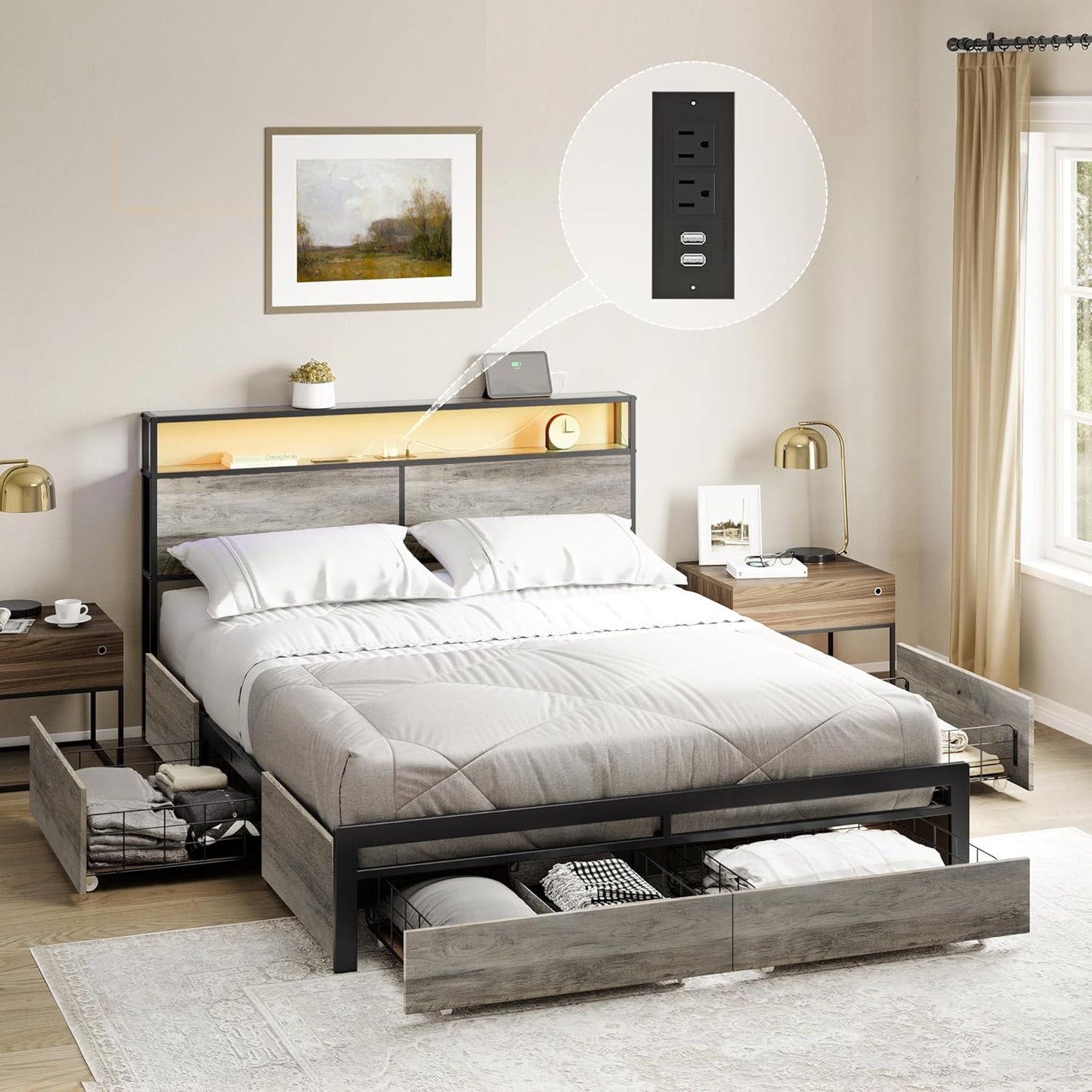 KOUSEI Full Size Bed Frame with Headboard and 4 Storage Drawers LED Platform Bed Frame with Charging Station Gray