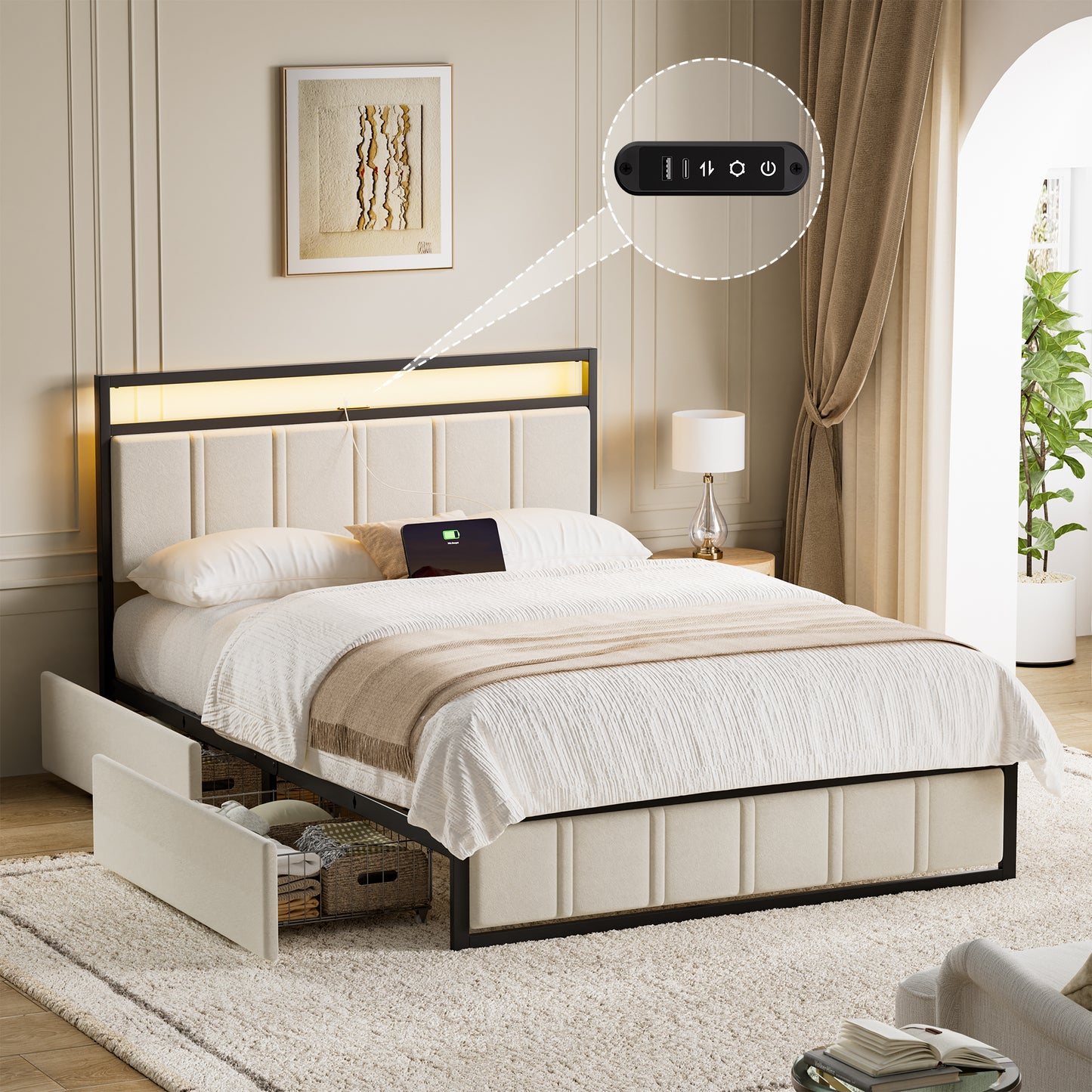 GUNAITO Queen Bed Frame with Headboard, Platform Bed with 2 Drawers, Velvet Upholstered Bed Frame with LED Lights & Charging station,Beige