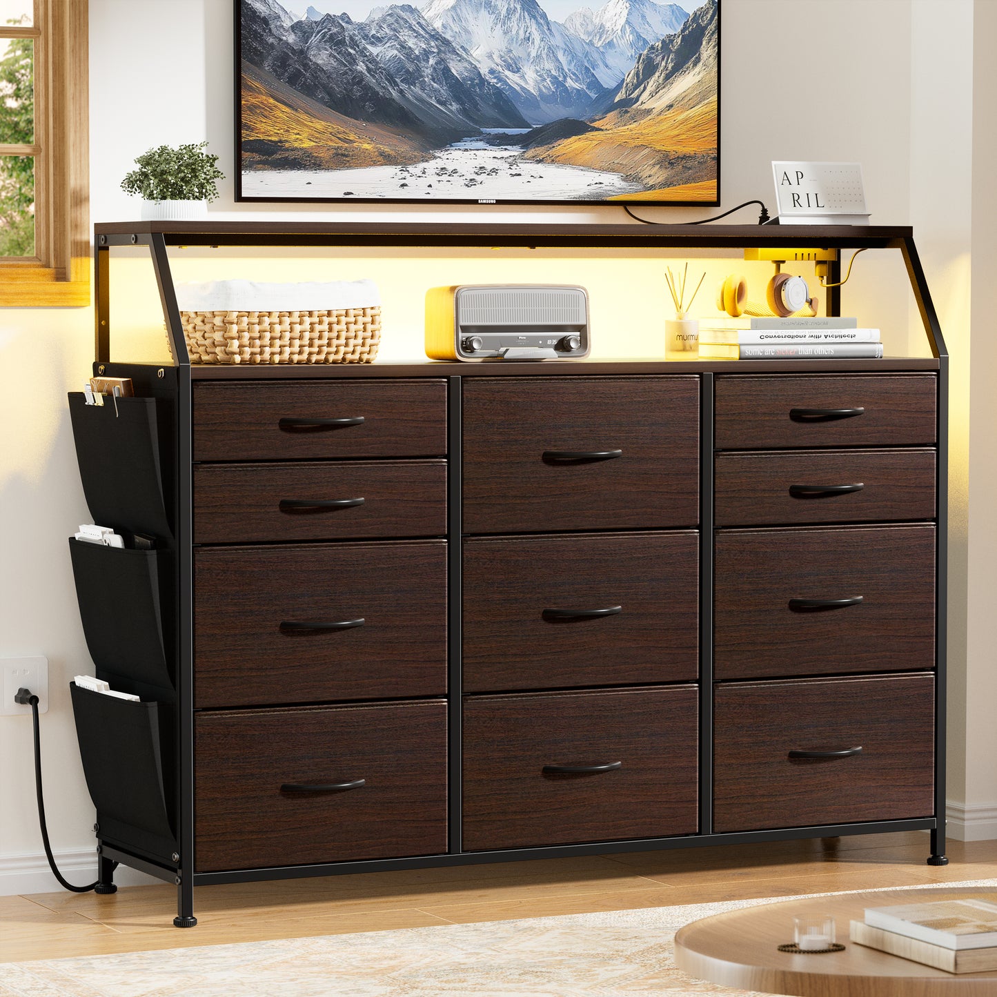 GUNAITO Dresser for Bedroom Black Fabric Dresser with 11 Drawers Long Dressers & Chests of Drawers for , Living Room,Entryway