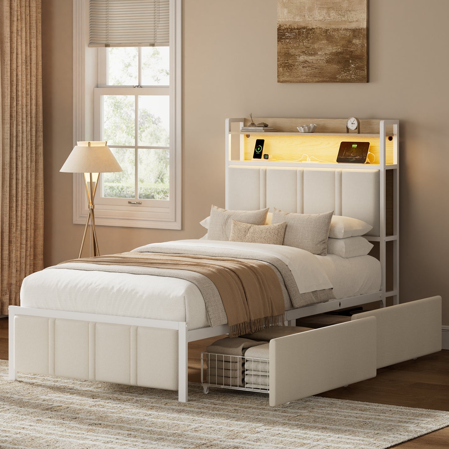 GUNAITO Twin Bed Frame with Storage Headboard, 2 Drawers Platform Upholstered LED Bed Frame with USB Ports & Outlets Beige