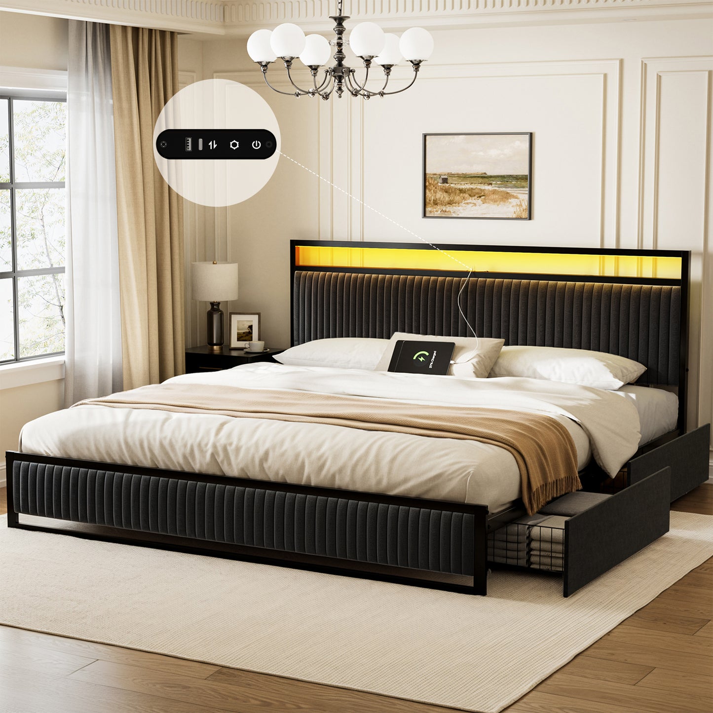 GUNAITO King Bed Frame with 2 Drawers Headboard Platform LED Bed Frame with 2 Storage Drawers USB Ports & Outlets Black