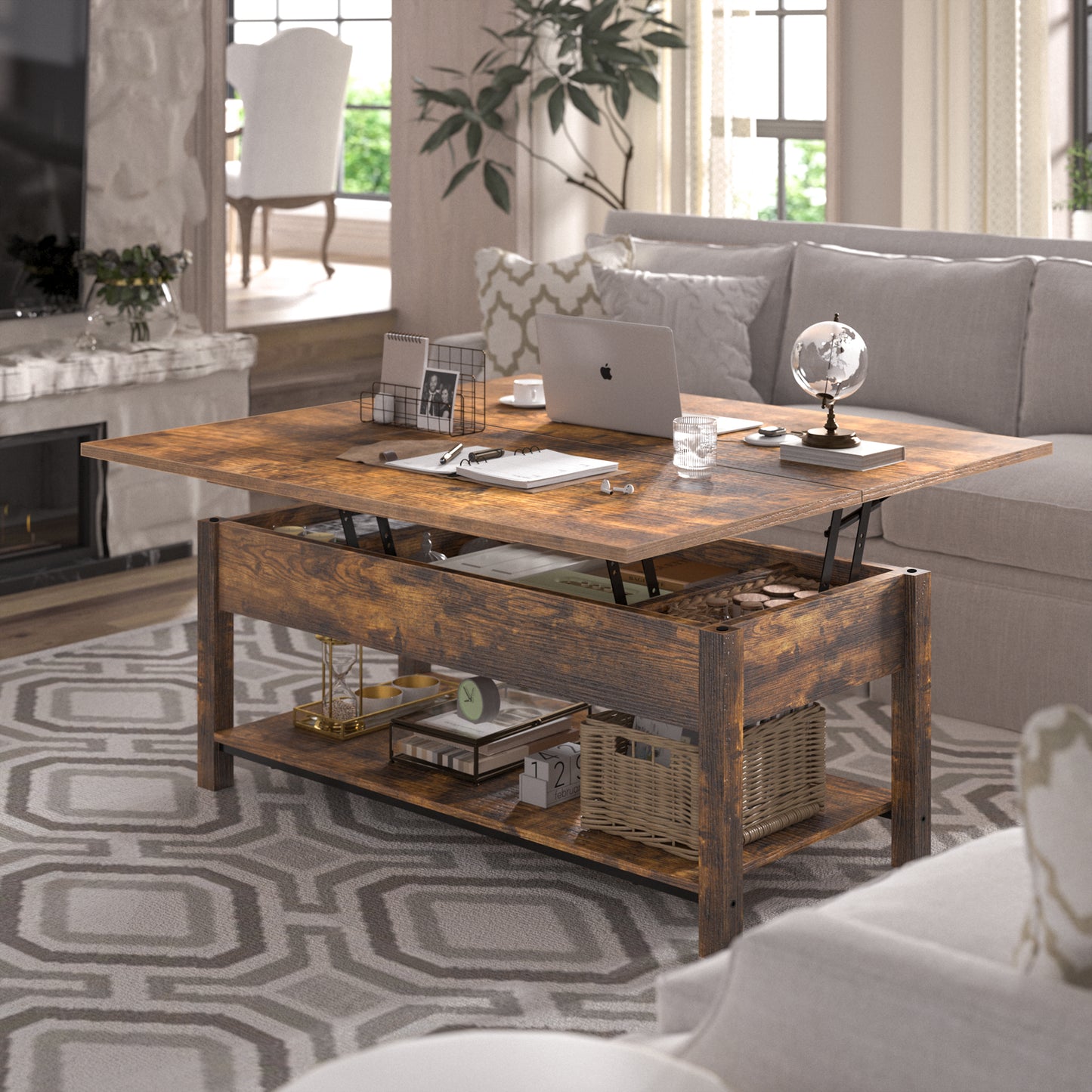 GUNAITO 41.73"Lift Top Coffee Table 4 in 1 Multi-Function Convertible Coffee Table with Hidden Storage Framhouse Coffee Table for Living Room Rustic Brown