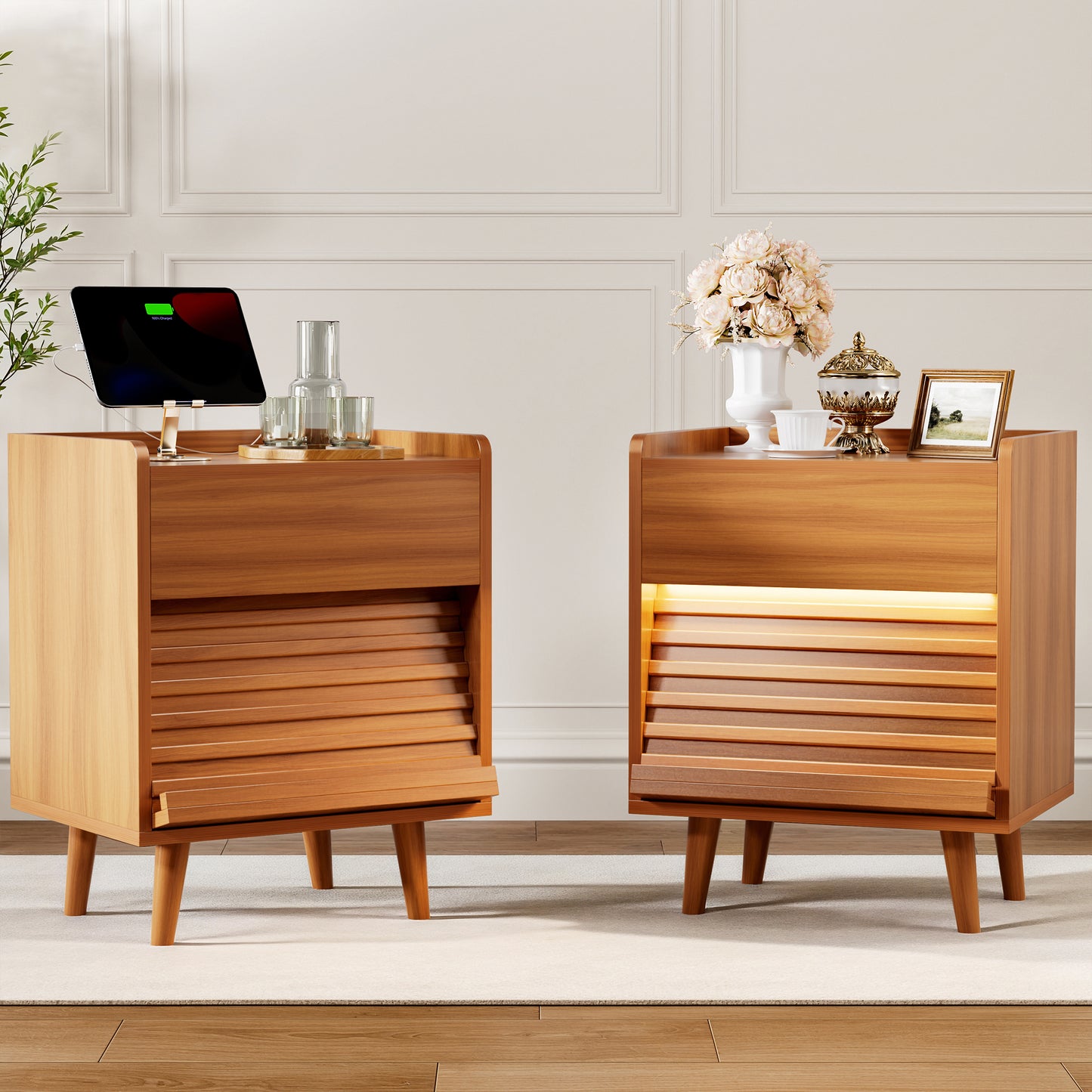 GUNAITO Nightstand set of 2 with Charging Station Bedside Table with LED Light Wood Nightstand with Wave Texture Drawers End Table with USB Ports and Outlets for Small Space Caramel 2pcs
