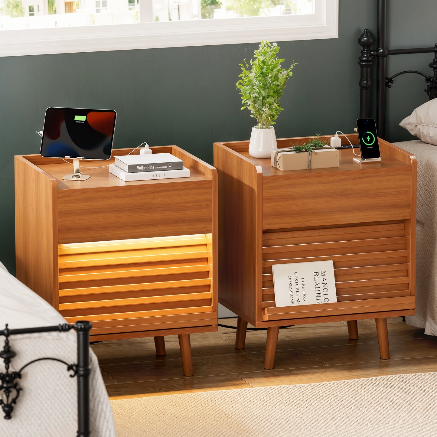 GUNAITO Nightstand set of 2 with Charging Station Bedside Table with LED Light Wood Nightstand with Wave Texture Drawers End Table with USB Ports and Outlets for Small Space Caramel 2pcs