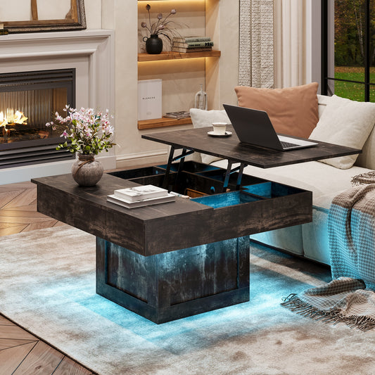 GUNAITO Lift Top Coffee Table with LED Lights, Modern Farmhouse Center Table with Storage, 31.5''Hx31.5''Wx19''D, Black