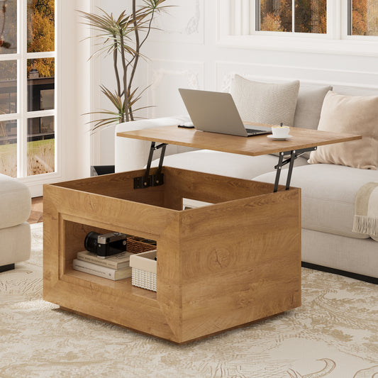 GUNAITO Lift Top Coffee Table with Storage, Wooden Convertible Coffee Table with LED Lights for Living Room, Square Center Table, Natural wood