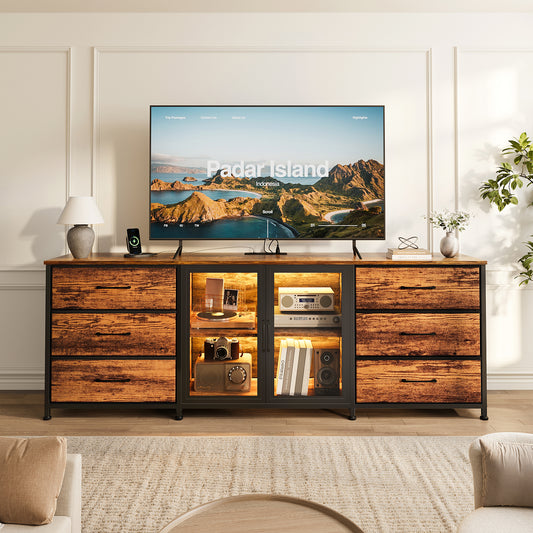 GUNAITO TV Stand for TVs up to 75", Entertainment Center with 6 Fabric Drawers and LED Lights, Big TV Stand with Media Console Storage Cabinet for Living Room, Brown
