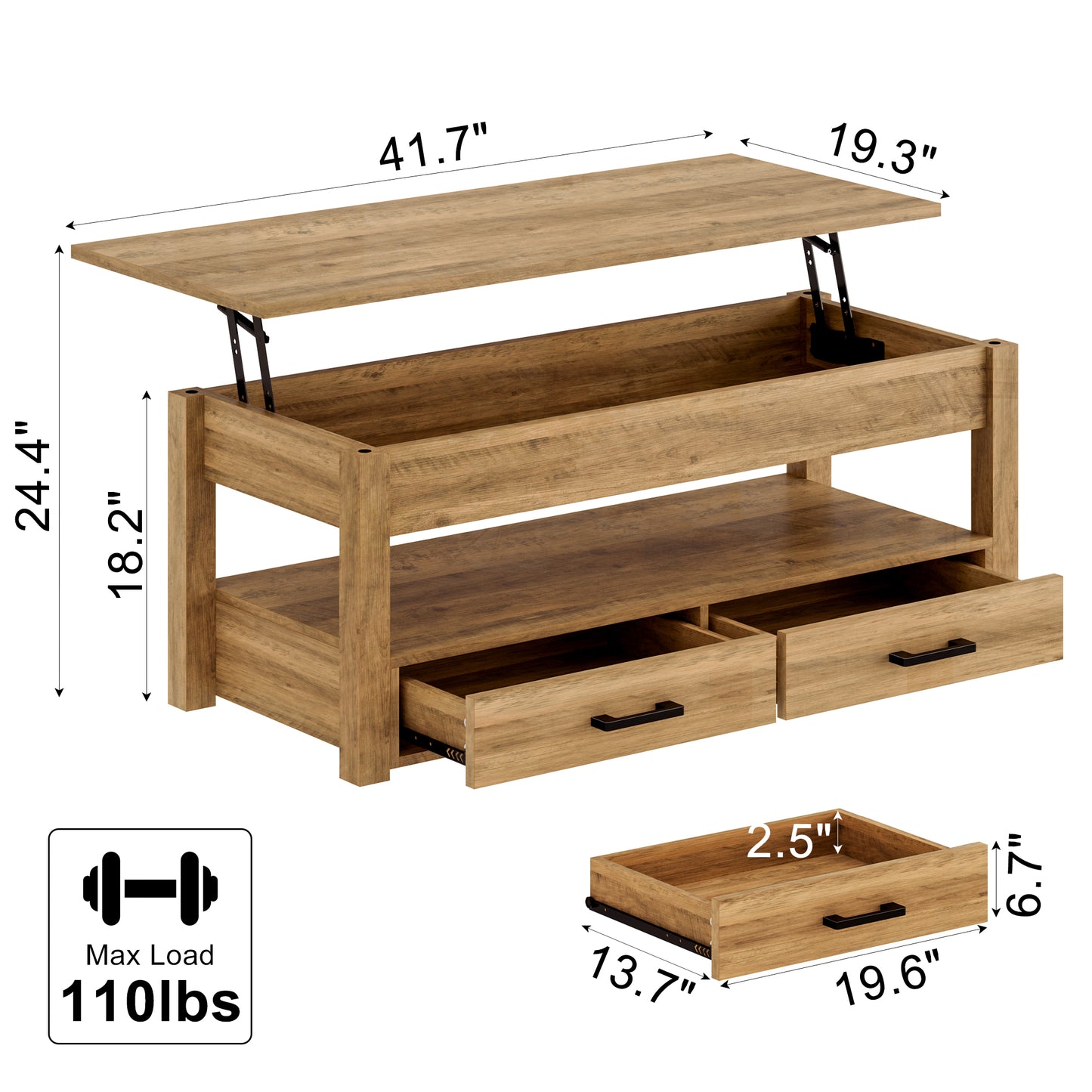 GUNAITO Lift Top Coffee Table with 2 drawers, Light Brown Wooden Convertible Coffee Table with Storage for Living Room, center Table, 42"
