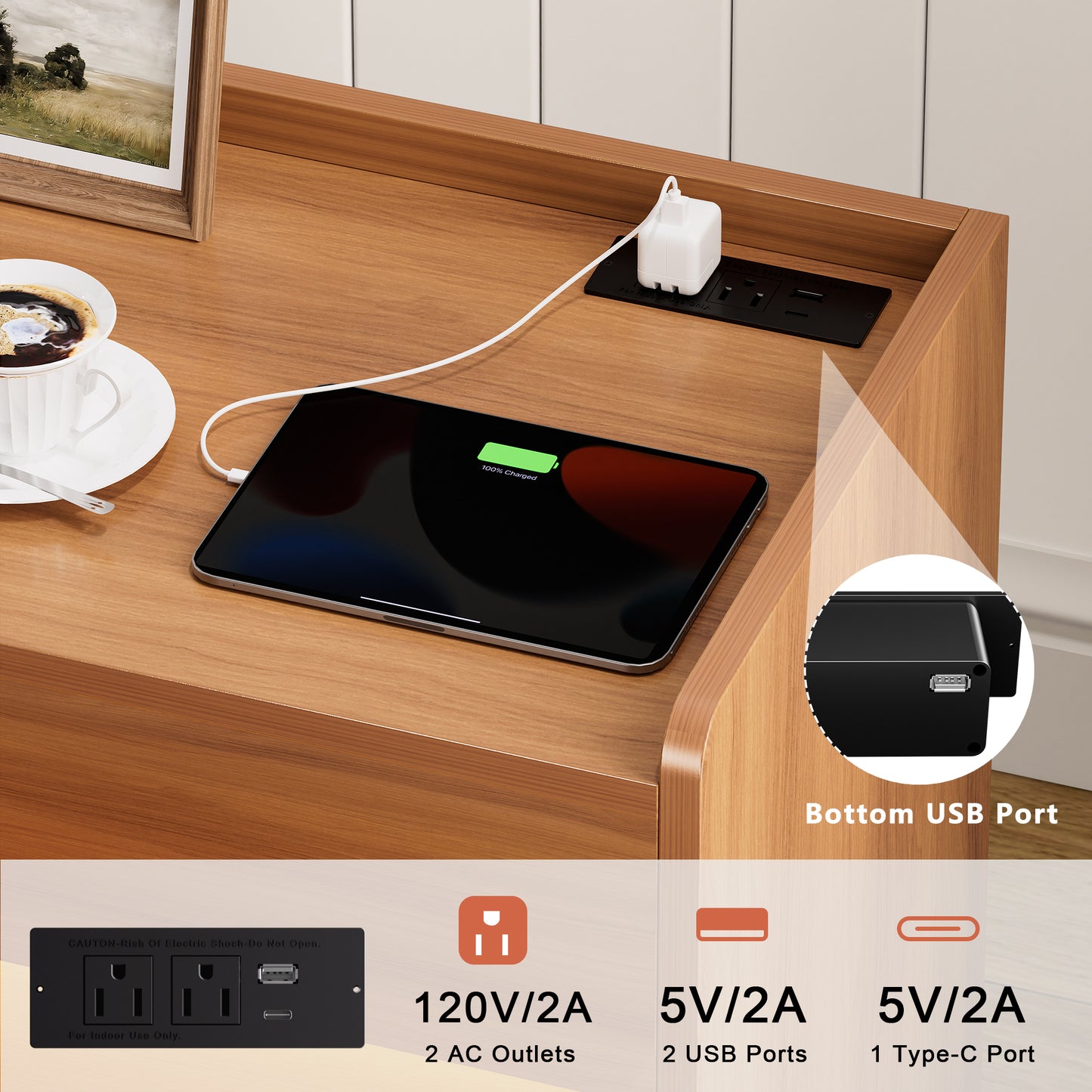 GUNAITO Nightstand set of 2 with Charging Station Bedside Table with LED Light Wood Nightstand with Wave Texture Drawers End Table with USB Ports and Outlets for Small Space Caramel 2pcs