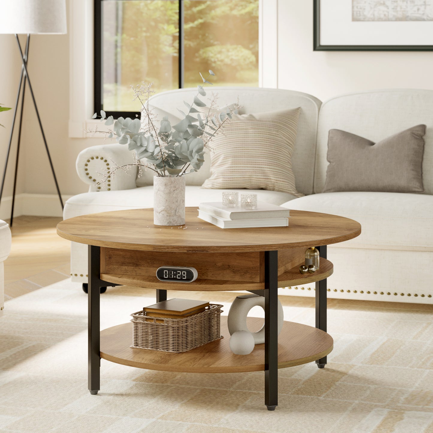 GUNAITO Round Lift Top Small Coffee Table with Storage Modern Farmhouse Center Table with Shelf Small Circle Table for Living Room,Light brown