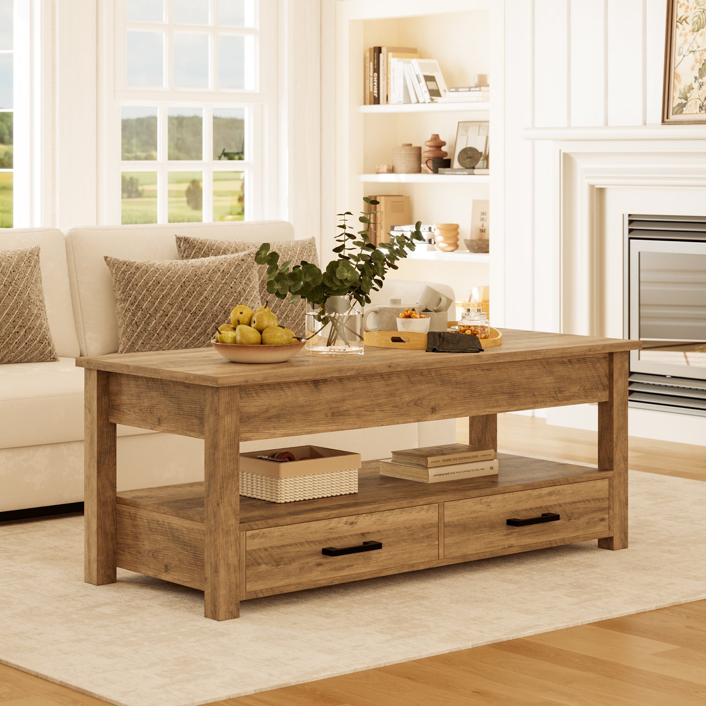 GUNAITO Lift Top Coffee Table with 2 drawers, Light Brown Wooden Convertible Coffee Table with Storage for Living Room, center Table, 42"
